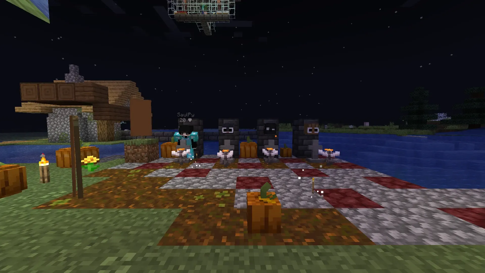 4 tumbas de jugadores mientras que uno posa para una foto en minecraft